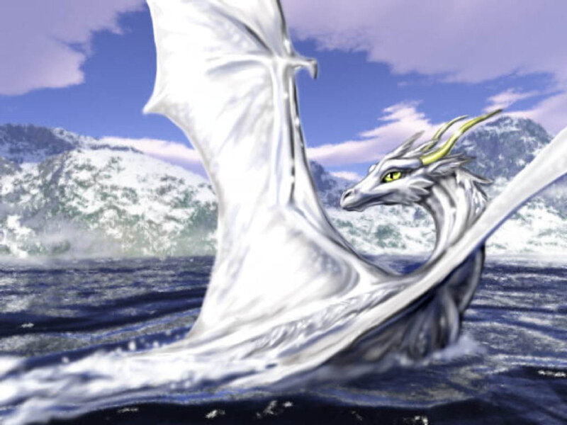 White dragon flying over sea