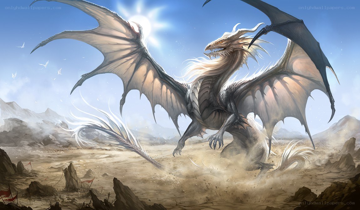 White dragon in desert landscape