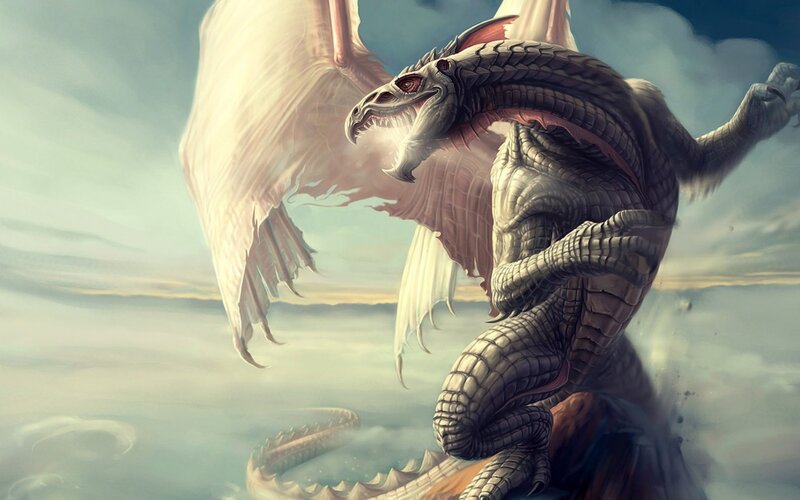 White Dragon in Flight — Gray, Dramatic, Afternoon, Digital Art, Wings, Clouds