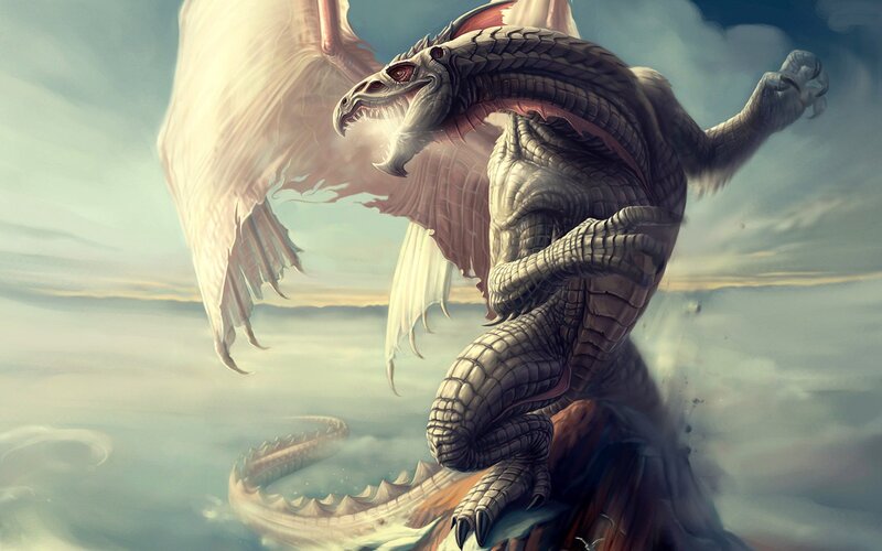 White Dragon in Flight — Gray, Dramatic, Sunset, Digital Art, Wings, Clouds