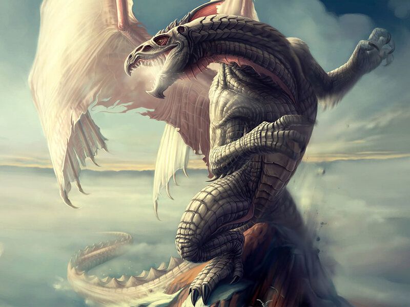 White Dragon in Flight — Gray, Dramatic, Sunset, Digital Art, Wings