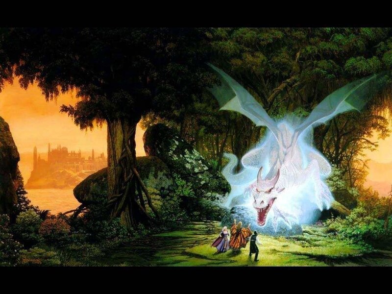 White Dragon in Forest — Green, Dramatic, Sunset, Digital Art