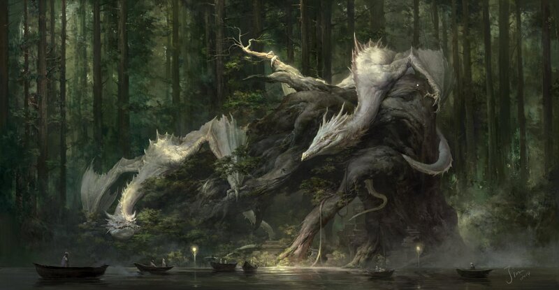 White Dragon in Forest — Green, Dramatic