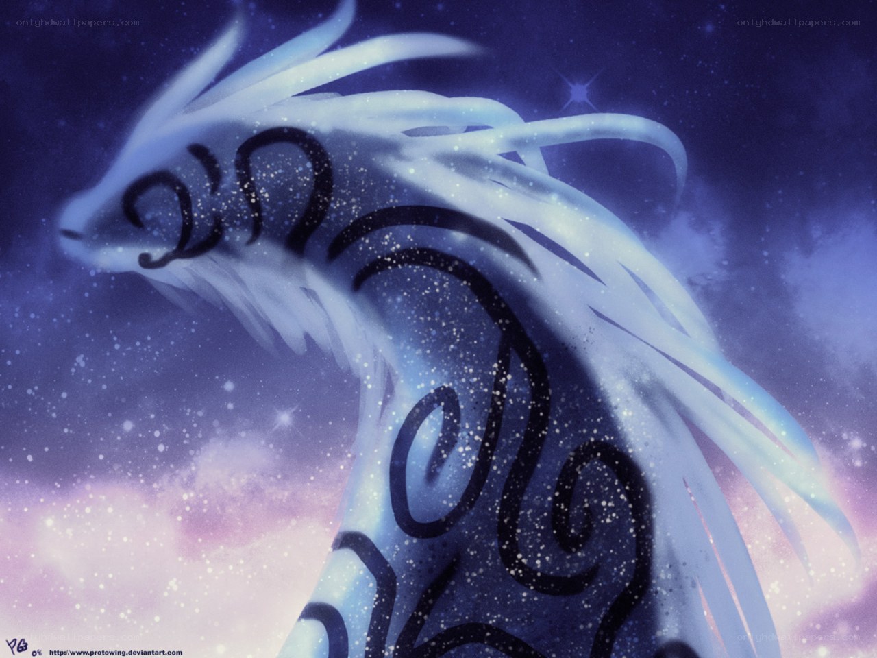 white dragon in starry sky