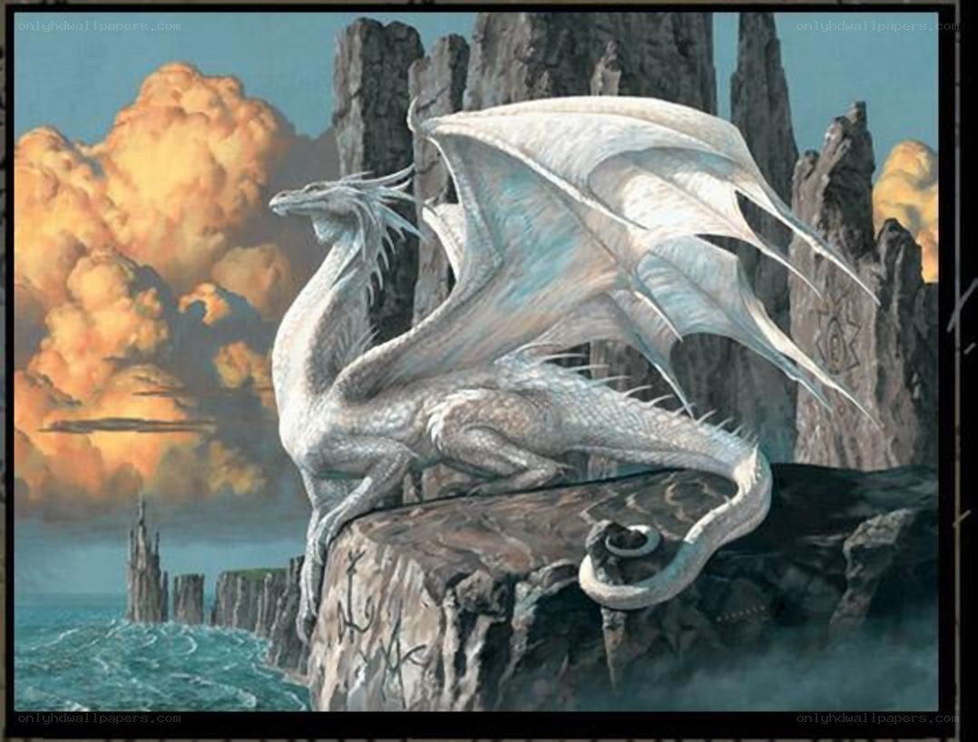 White dragon on a cliff