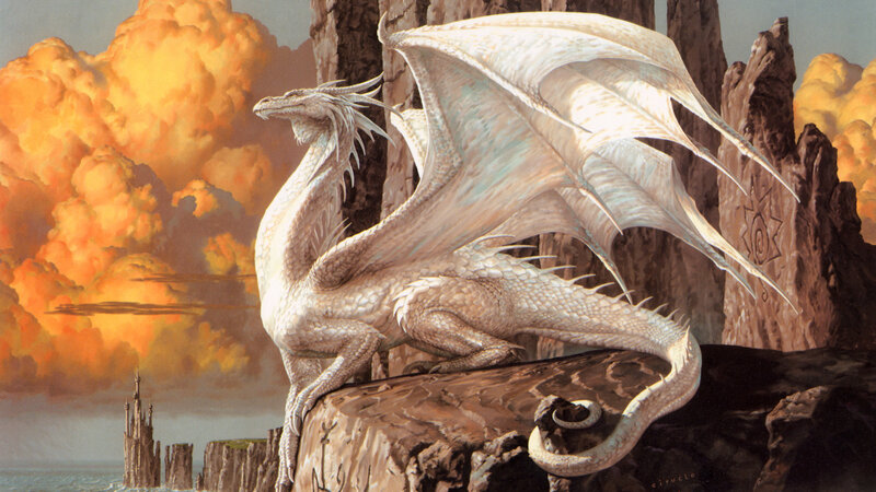 White dragon on a cliff