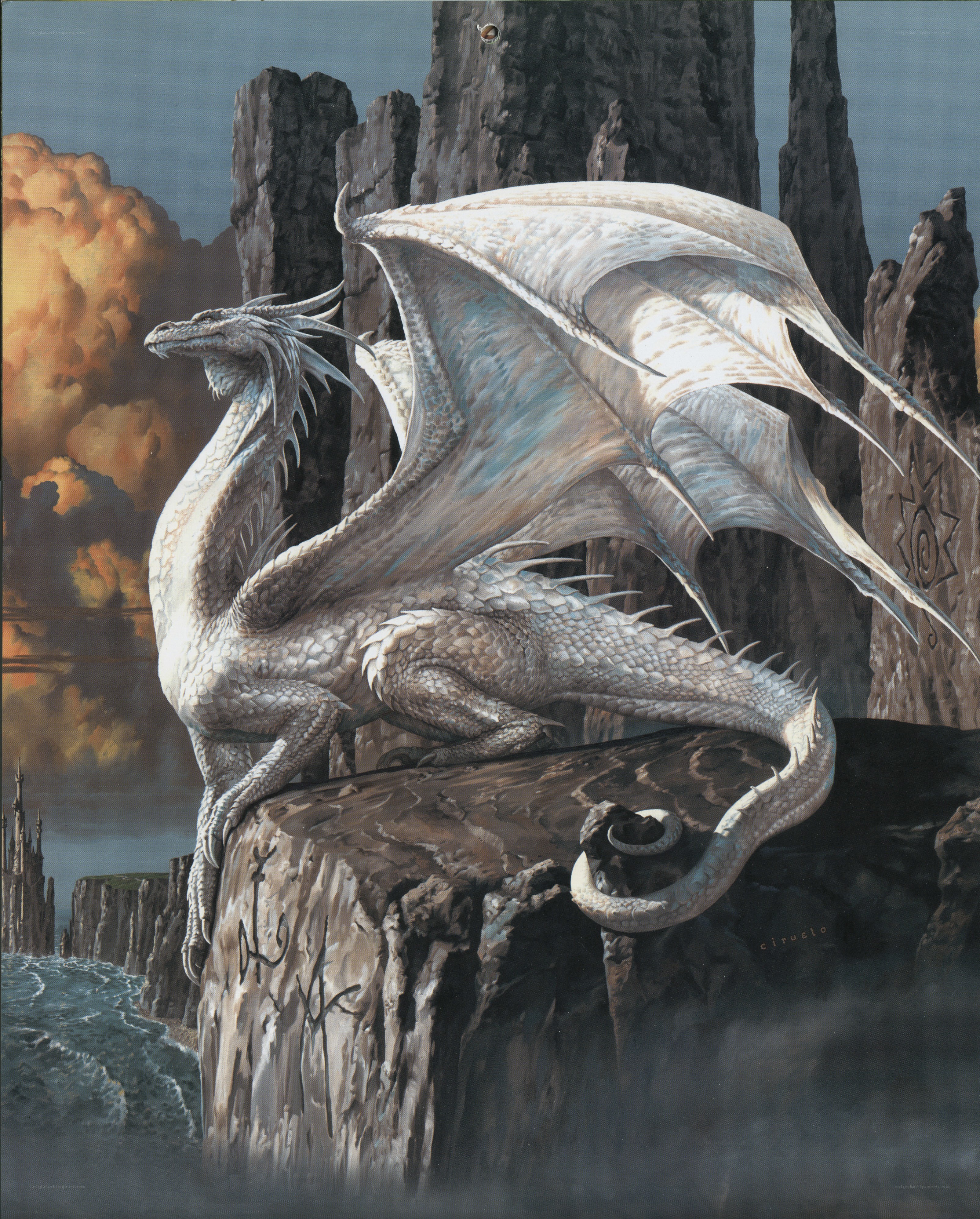 White dragon on a cliff