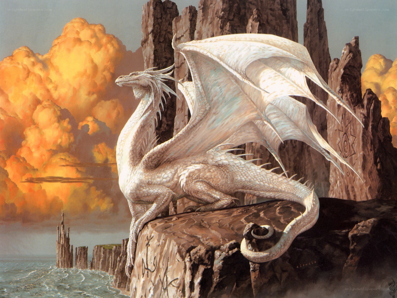 White dragon on a cliff