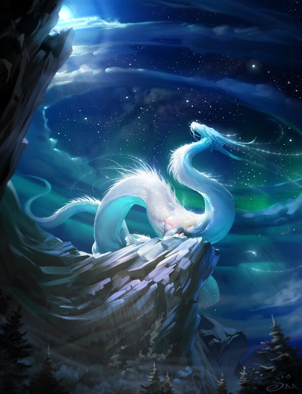 White Dragon on Cliff — Blue