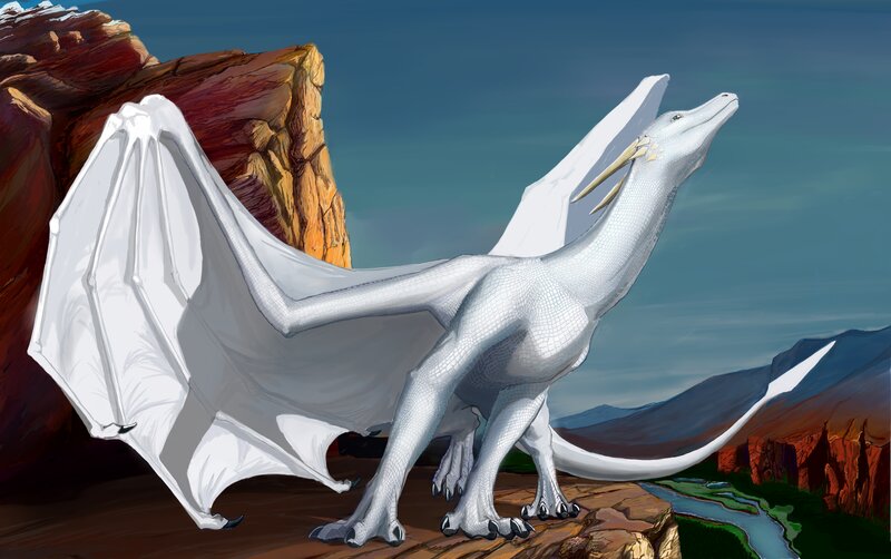 White Dragon on Cliff — Dramatic, Afternoon