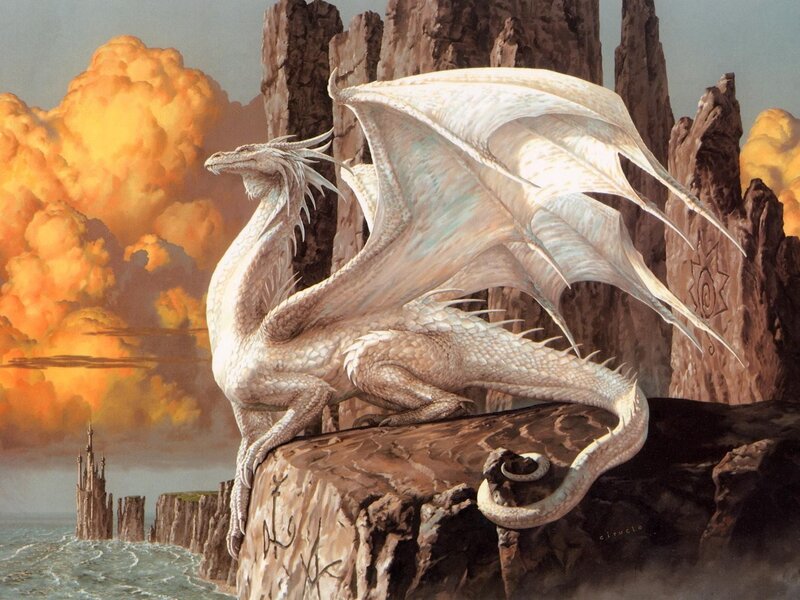 White Dragon on Cliff — Dramatic, Sunset, Digital Art, Cliffs