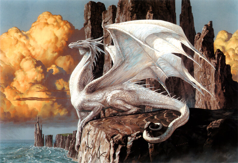 White Dragon on Cliff — Dramatic, Sunset, Illustration, Cliffs, Ocean