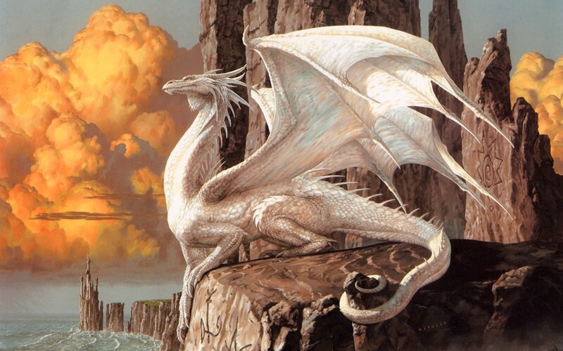 White Dragon on Cliff — Dramatic, Sunset, Illustration, Cliffs
