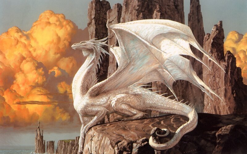 White Dragon on Cliff — Dramatic, Sunset, Illustration