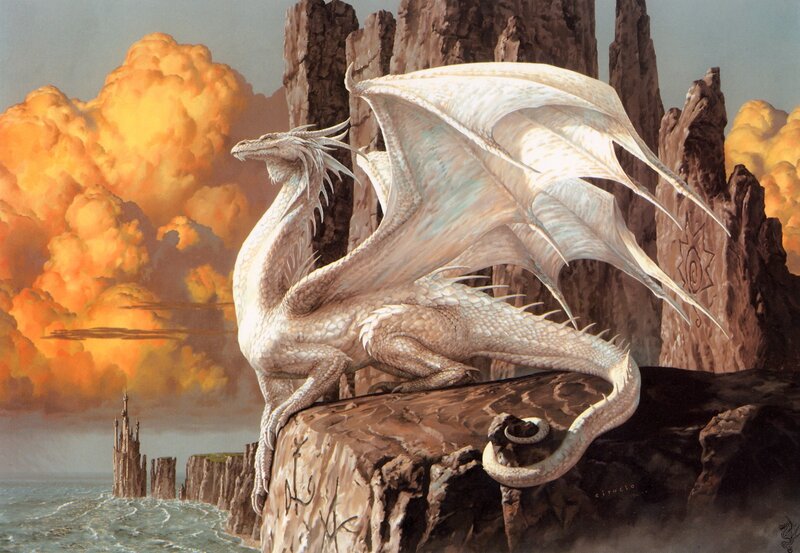 White Dragon on Cliff — Dramatic, Sunset