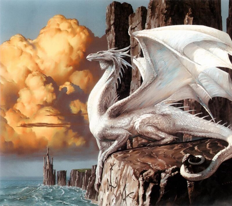 White Dragon on Cliff — Dramatic