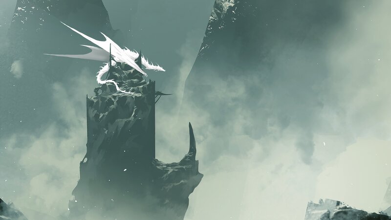 White Dragon on Cliff — Gray, Dramatic, Digital Art