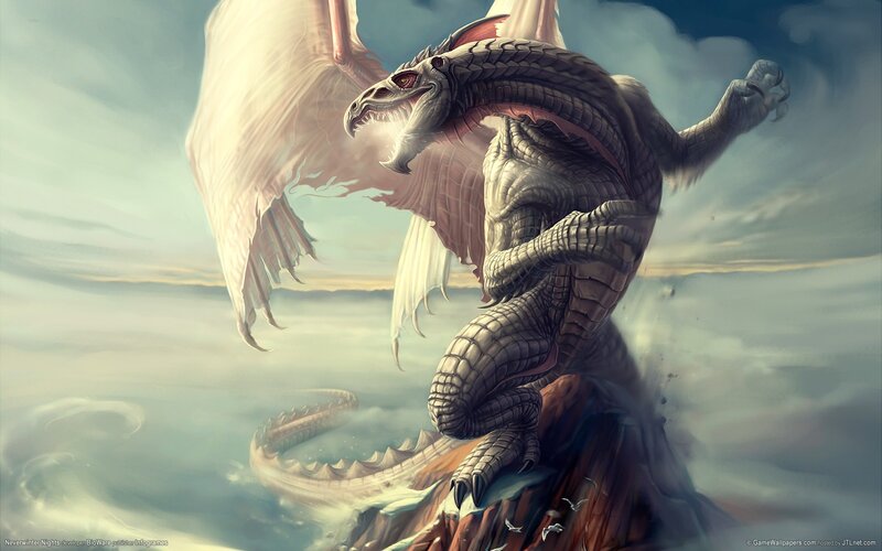 White Dragon on Cliff — Gray