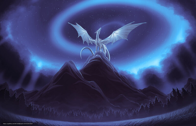 White Dragon on Mountain — Blue, Dramatic, Night, Digital Art, Sky, Forest