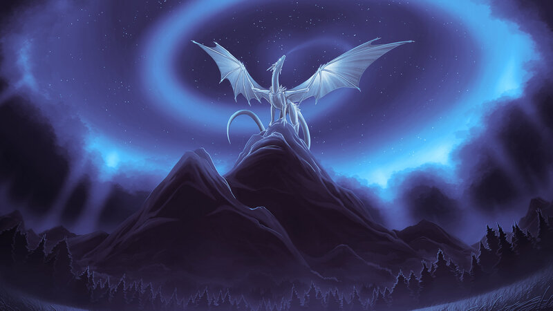 White Dragon on Mountain — Blue, Dramatic, Night, Digital Art, Sky, Stars