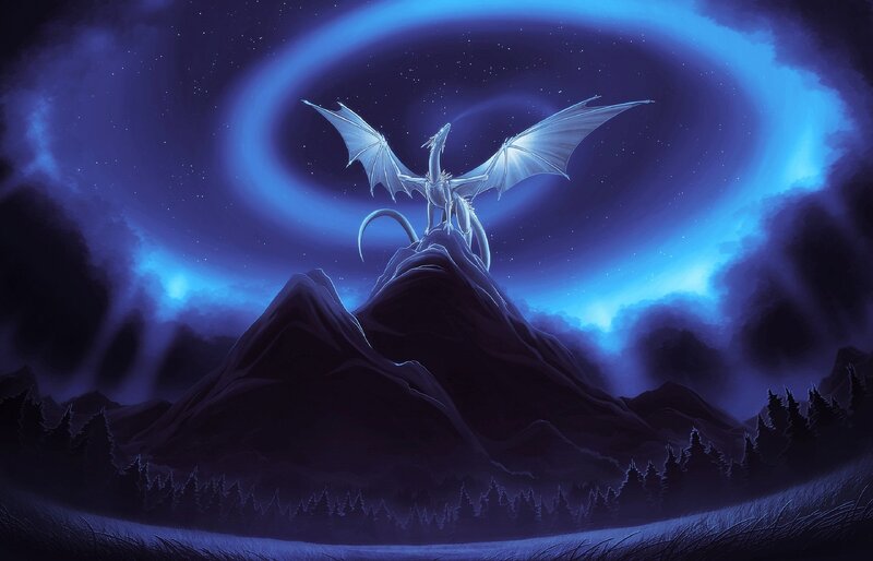 White Dragon on Mountain — Blue, Dramatic, Night, Digital Art, Sky