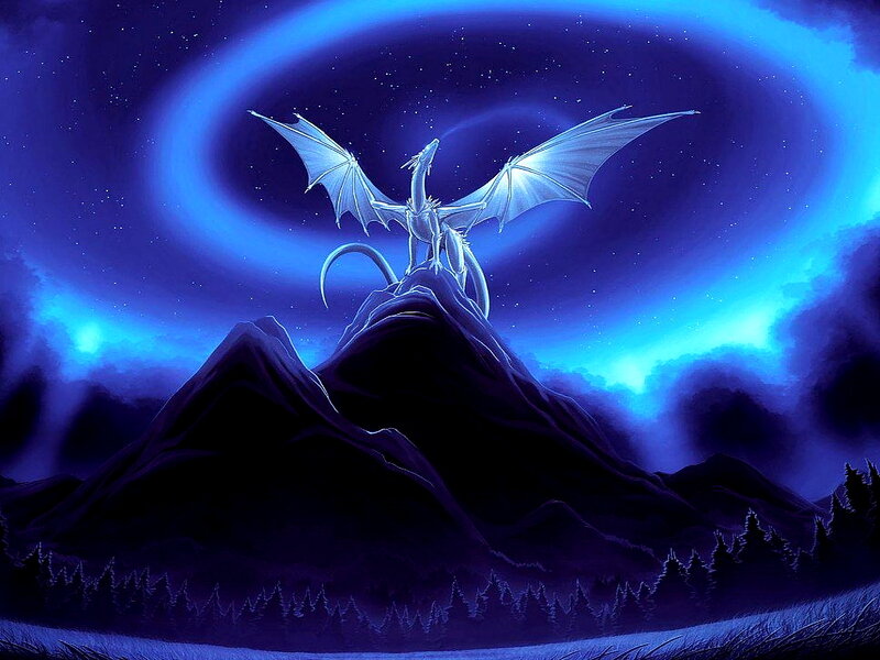 White Dragon on Mountain — Blue, Dramatic