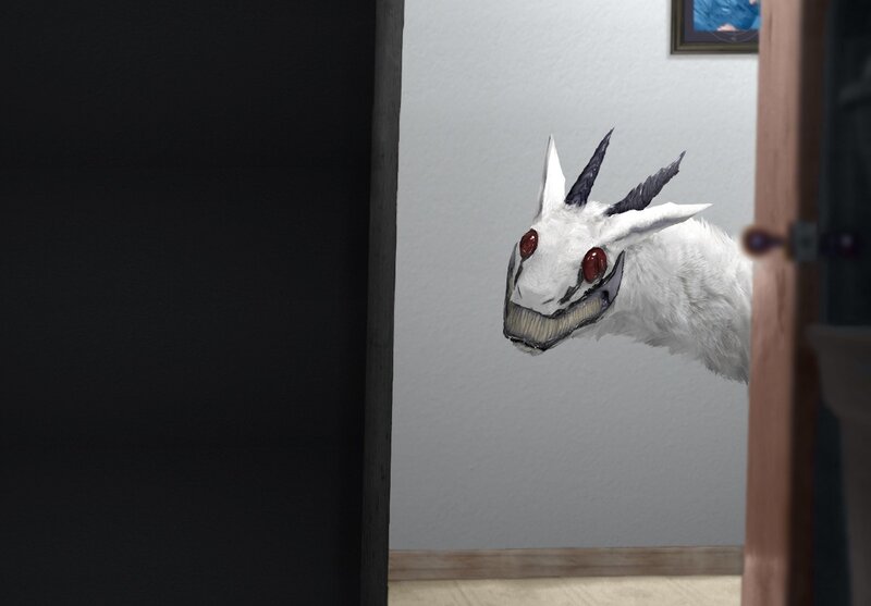 white dragon peeking through door