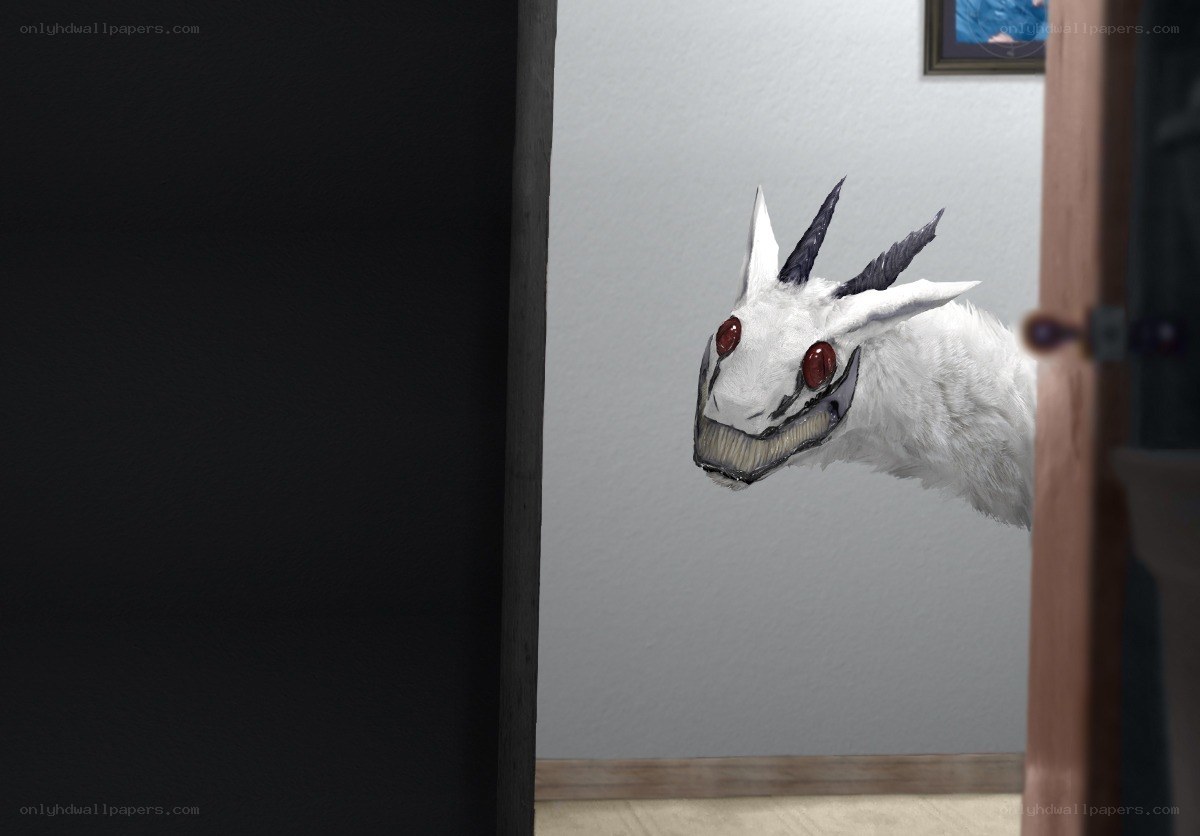 white dragon peeking through door