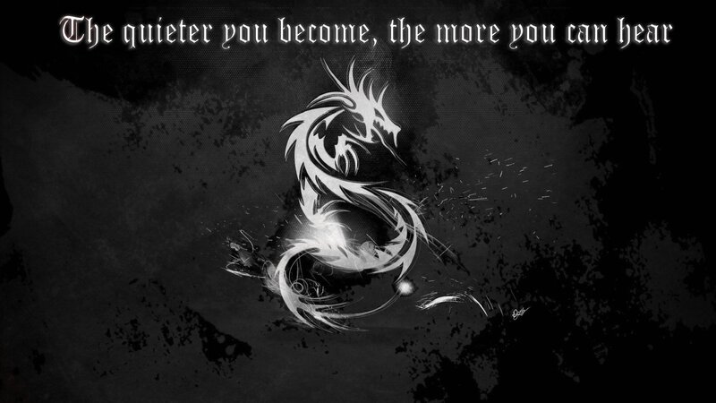 White Dragon Silhouette — Black, Dramatic, Digital Art, Text