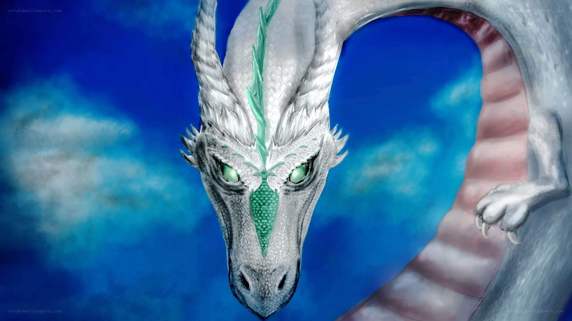 white dragon with green eyes