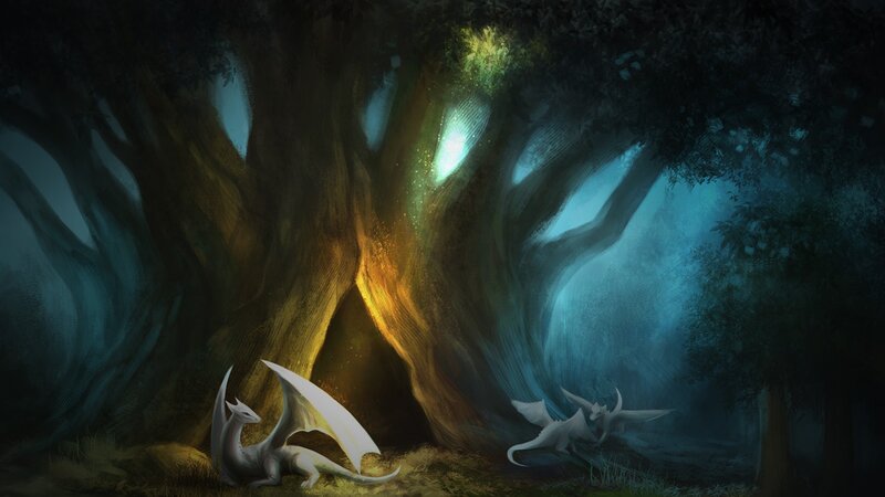 White Dragons in Forest — Green