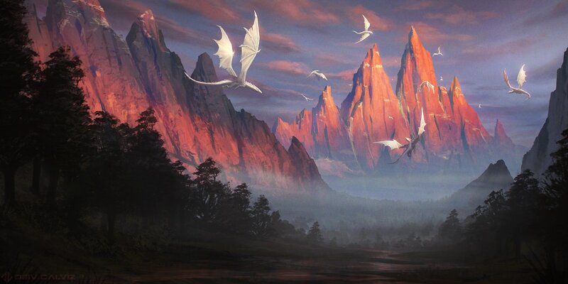 White dragons over red mountains