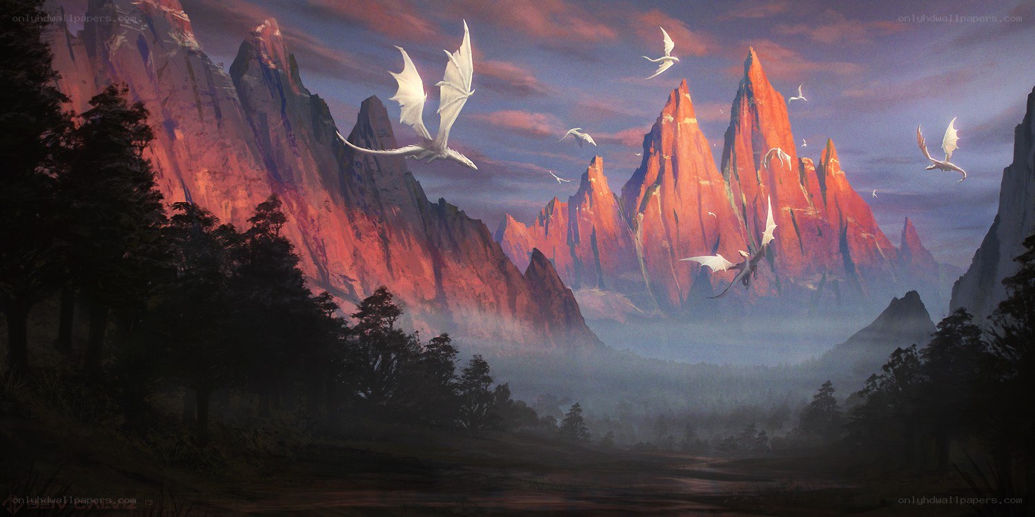 White dragons over red mountains