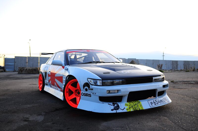 White Drift Car — Dramatic, Sunset