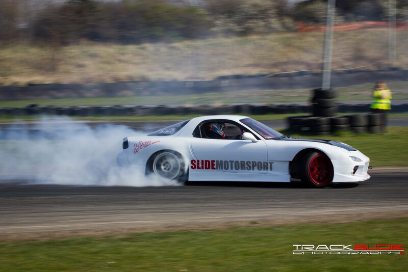 White Drift Car — Dynamic, Afternoon, Photograph, Driver, Tire Barrier