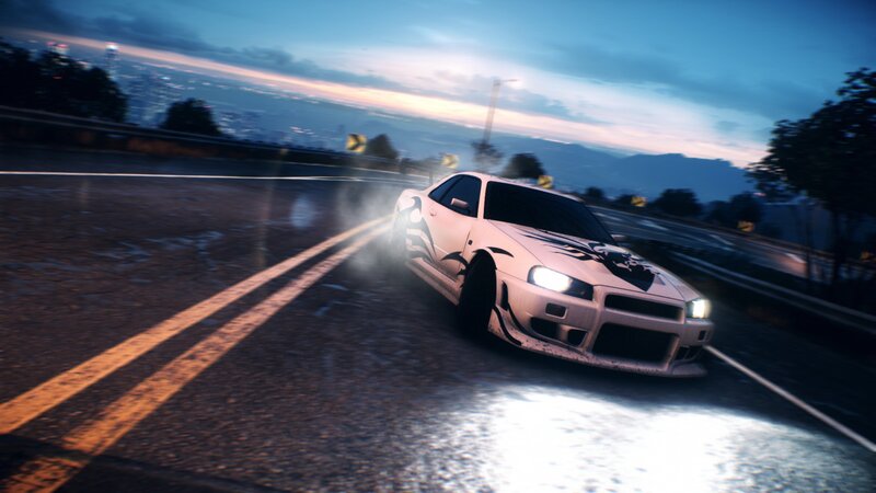 White Drift Car — Dynamic, Sunset