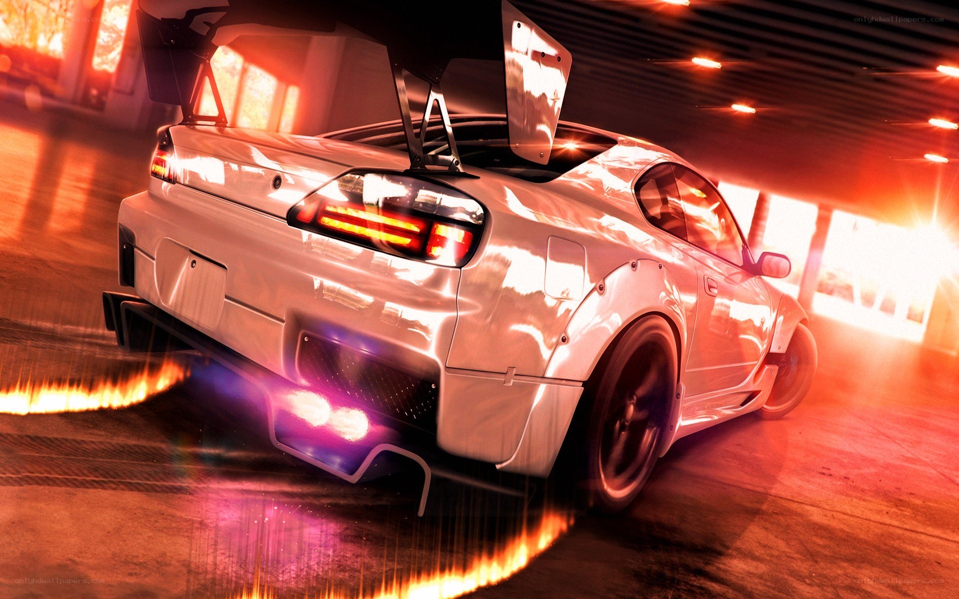 white drift car in tunnel