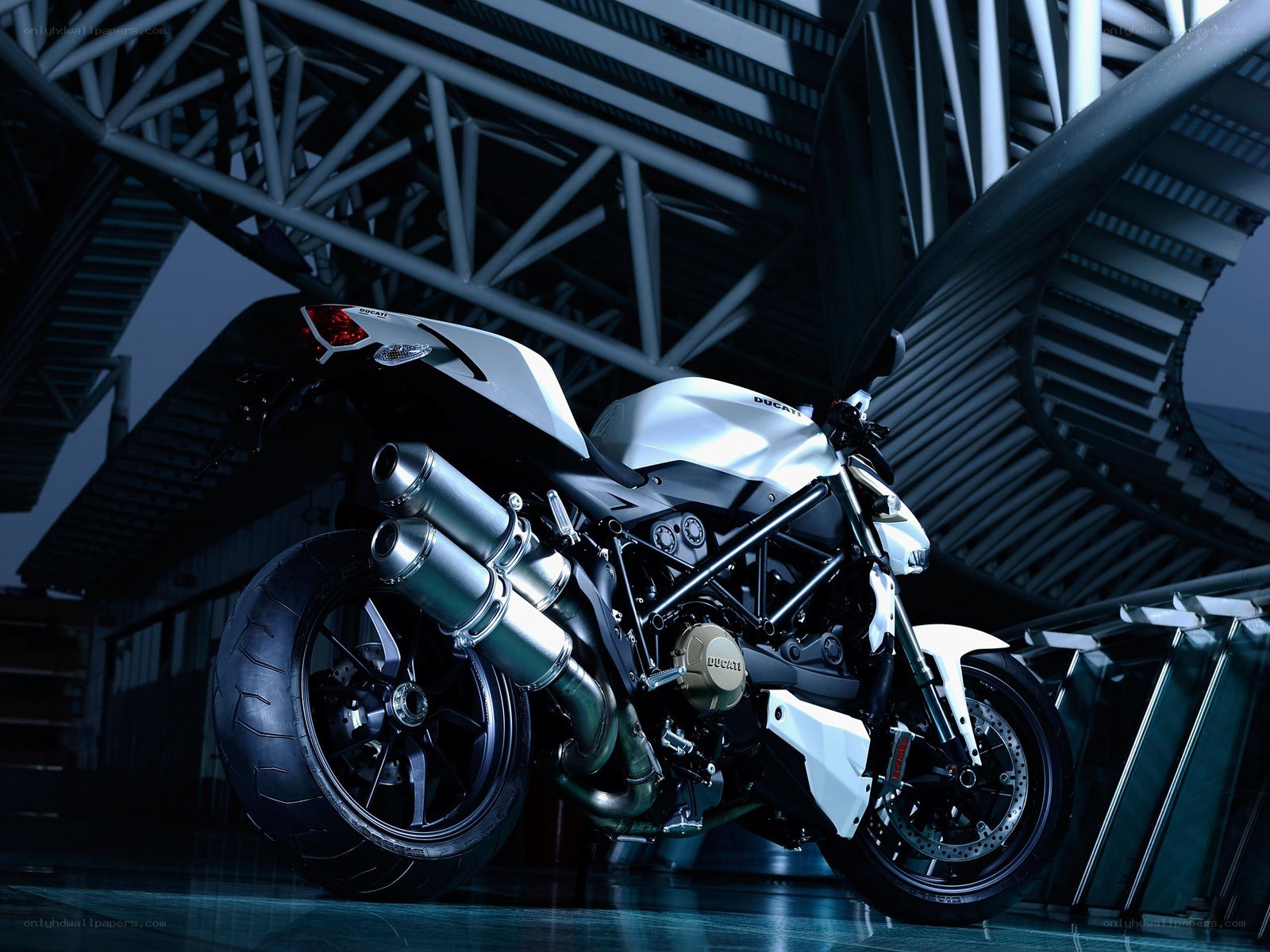 White Ducati motorcycle in studio