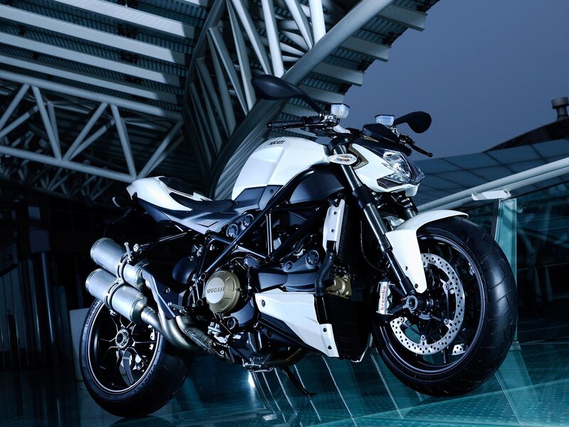 White Ducati motorcycle on display