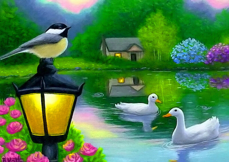 White Ducks in Pond — Green, Serene