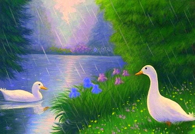 White Ducks in Rain