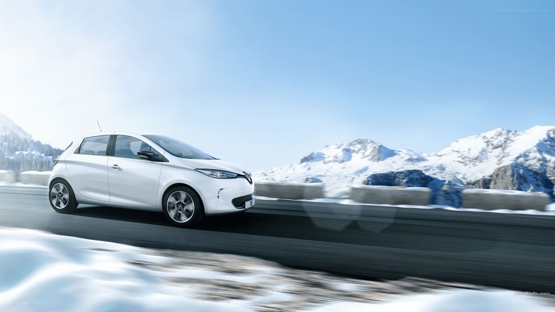 White electric car on snowy road