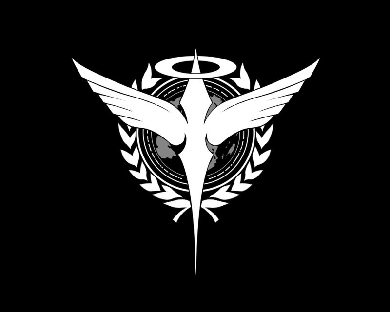 white emblem with wings and halo