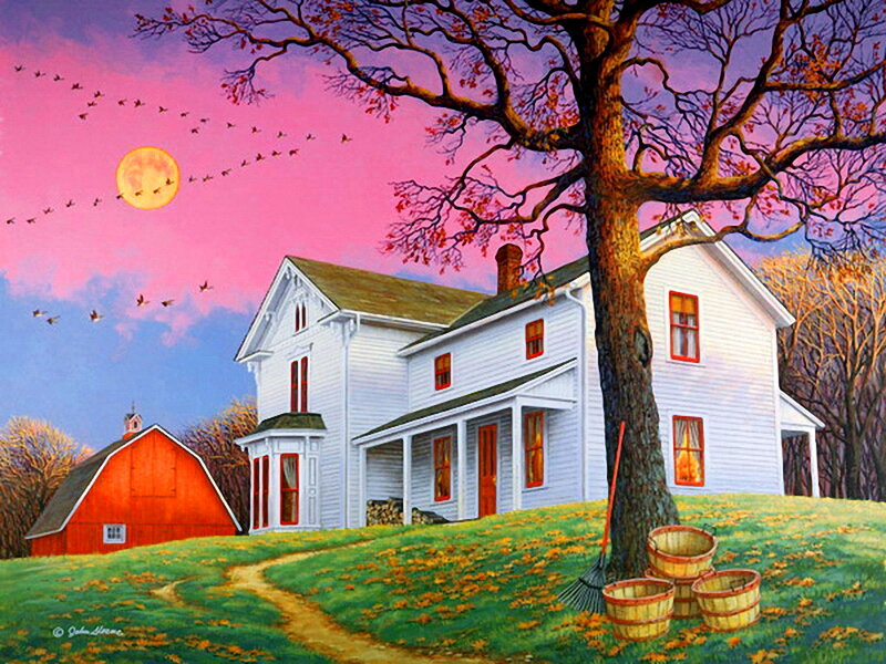 White Farmhouse at Dusk — Pink