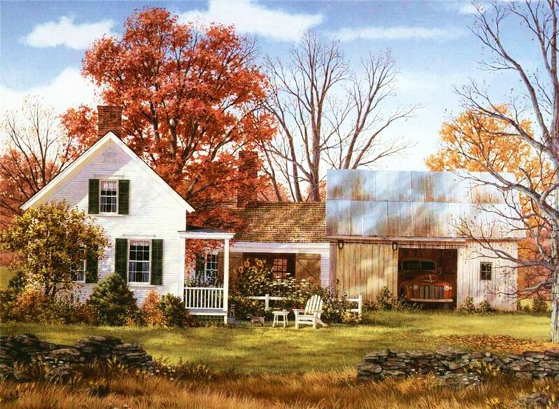 White Farmhouse in Autumn — Green