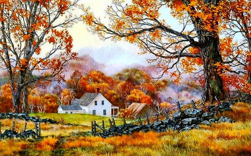 White Farmhouse in Autumn — Orange, Serene, Painting