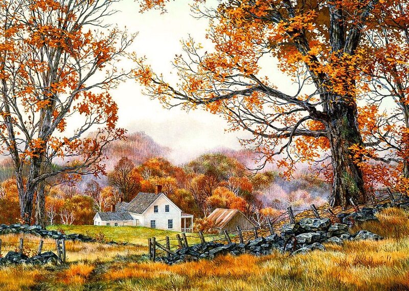 White Farmhouse in Autumn — Orange, Serene, Painting, Trees