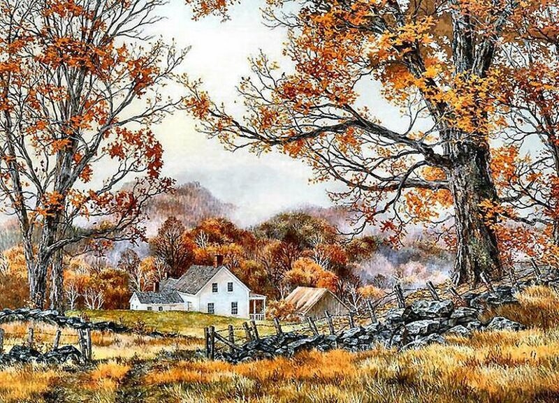 White Farmhouse in Autumn — Orange, Serene