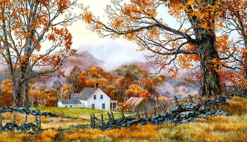 White Farmhouse in Autumn — Orange
