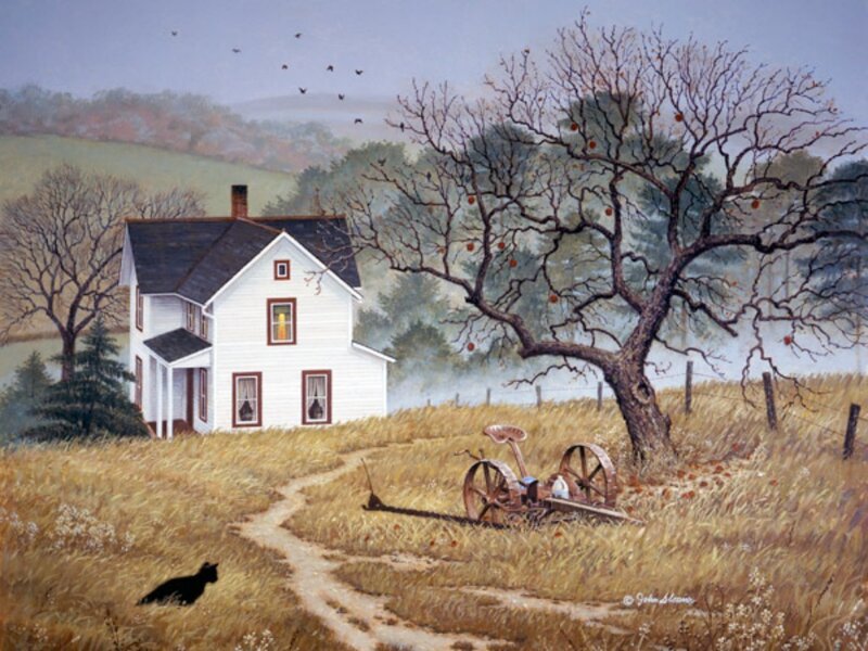 White Farmhouse in Field — Brown